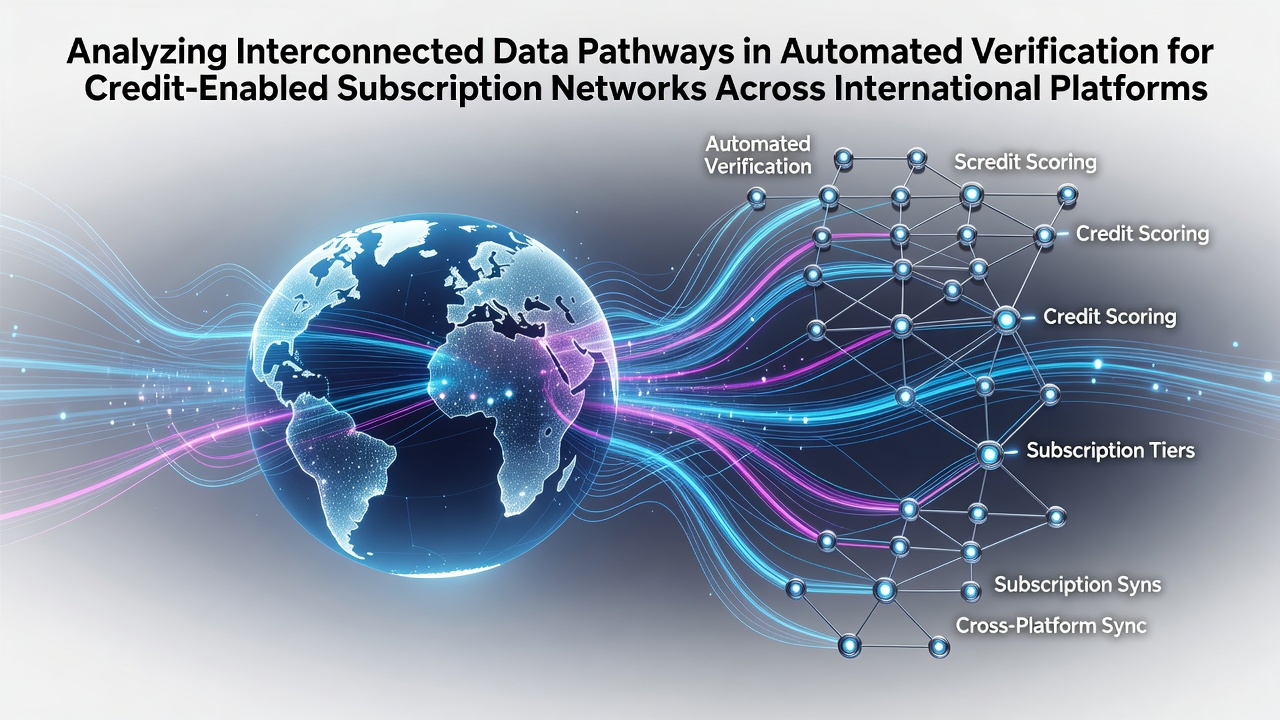 Diagram showing interconnected data pathways linking credit verification systems across global subscription platforms