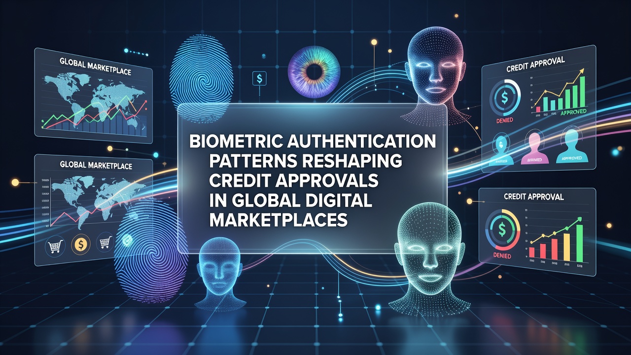 Biometric authentication interface showing facial recognition and fingerprint scanning integrated into a digital credit approval dashboard