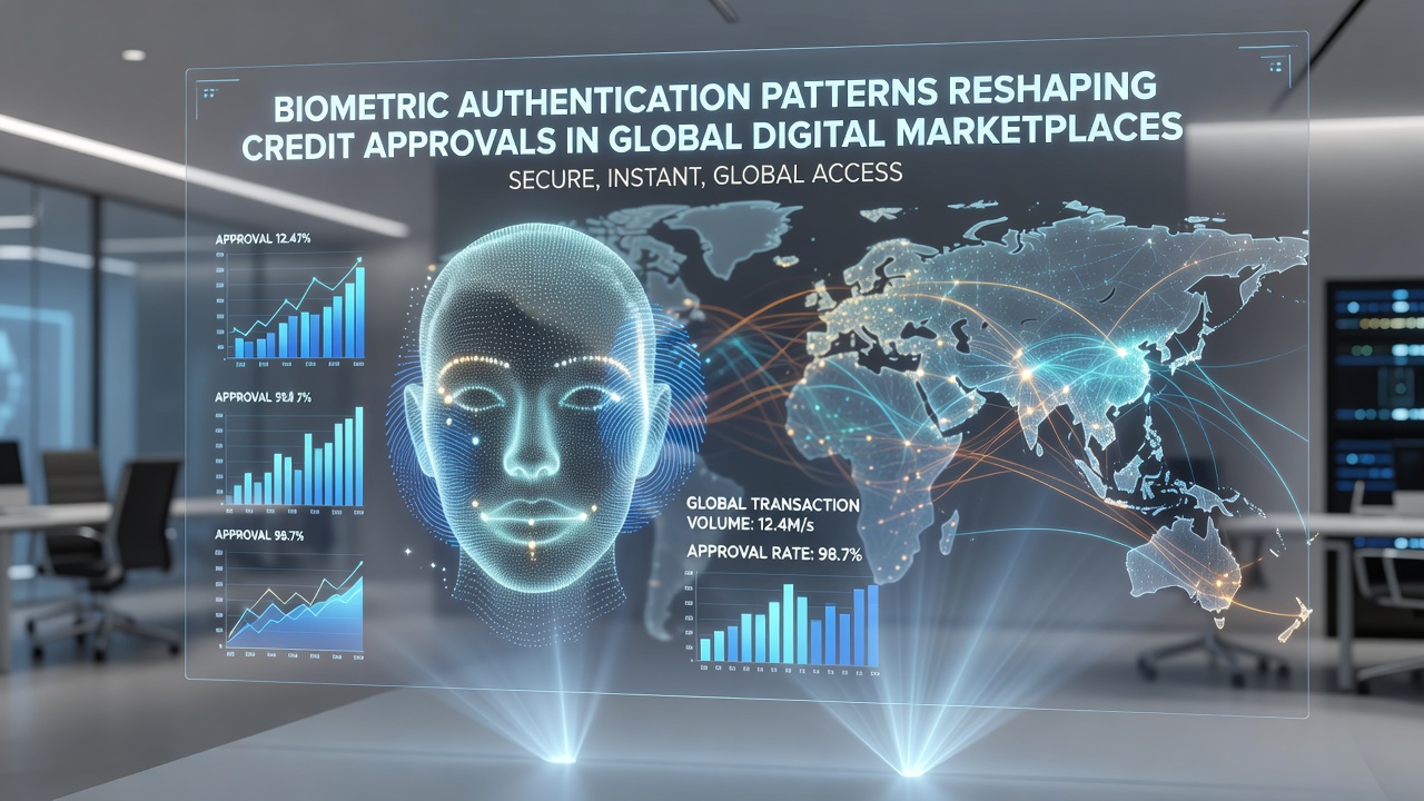 Global digital marketplace dashboard displaying real-time biometric credit scoring metrics and approval workflows