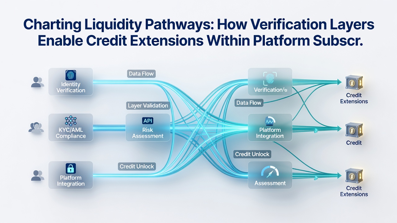 Flowchart illustrating how verification layers connect to credit extension decisions in platform ecosystems