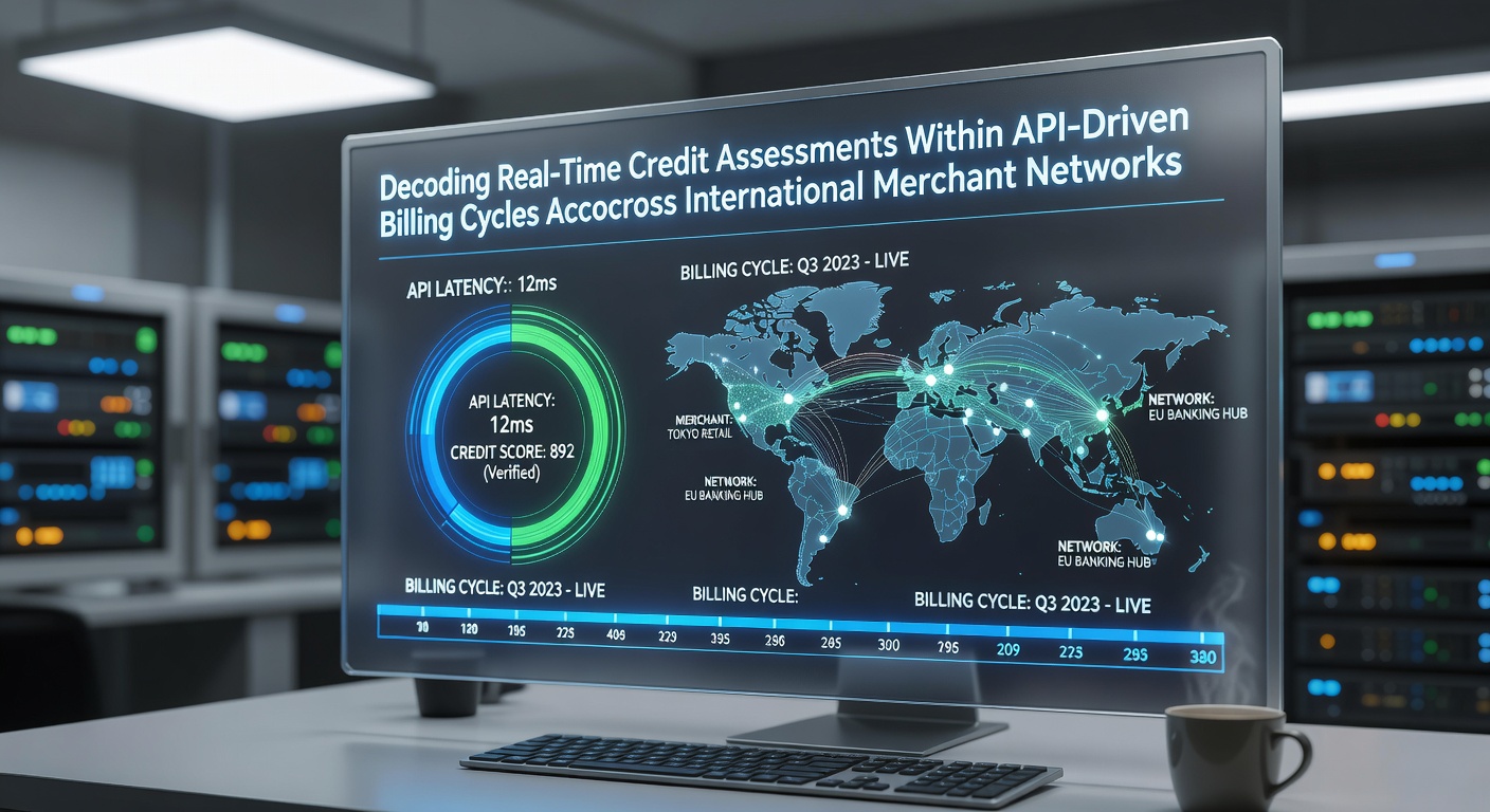 Illustration of API connections linking credit data sources to merchant billing systems across global networks