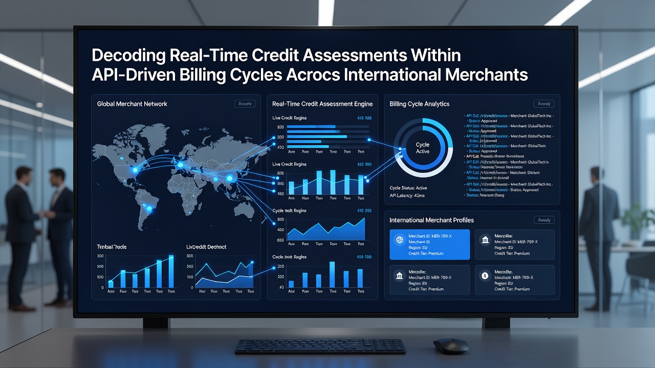 Diagram showing secure data pathways between international credit bureaus and merchant billing APIs