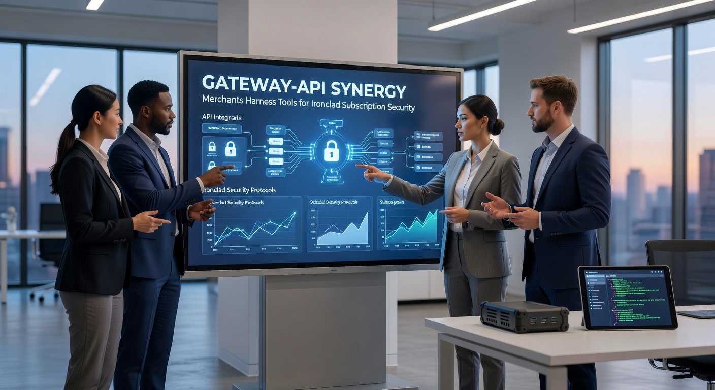 Digital dashboard showing integrated payment gateway and API interfaces securing subscription flows with locks and data streams