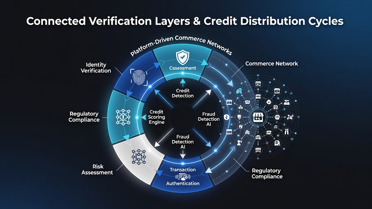 Diagram showing data pathways linking verification protocols to credit allocation in subscription and marketplace systems