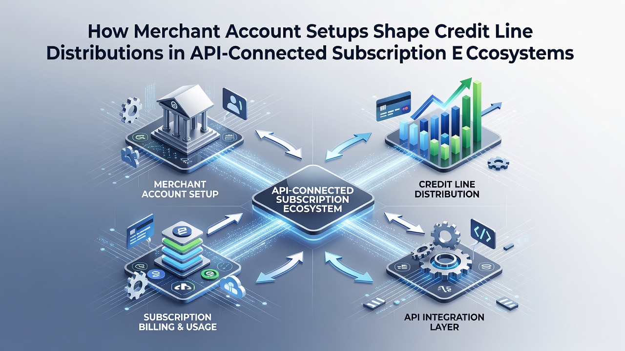 API data flow diagram illustrating credit line adjustments between merchant accounts and subscription billing systems