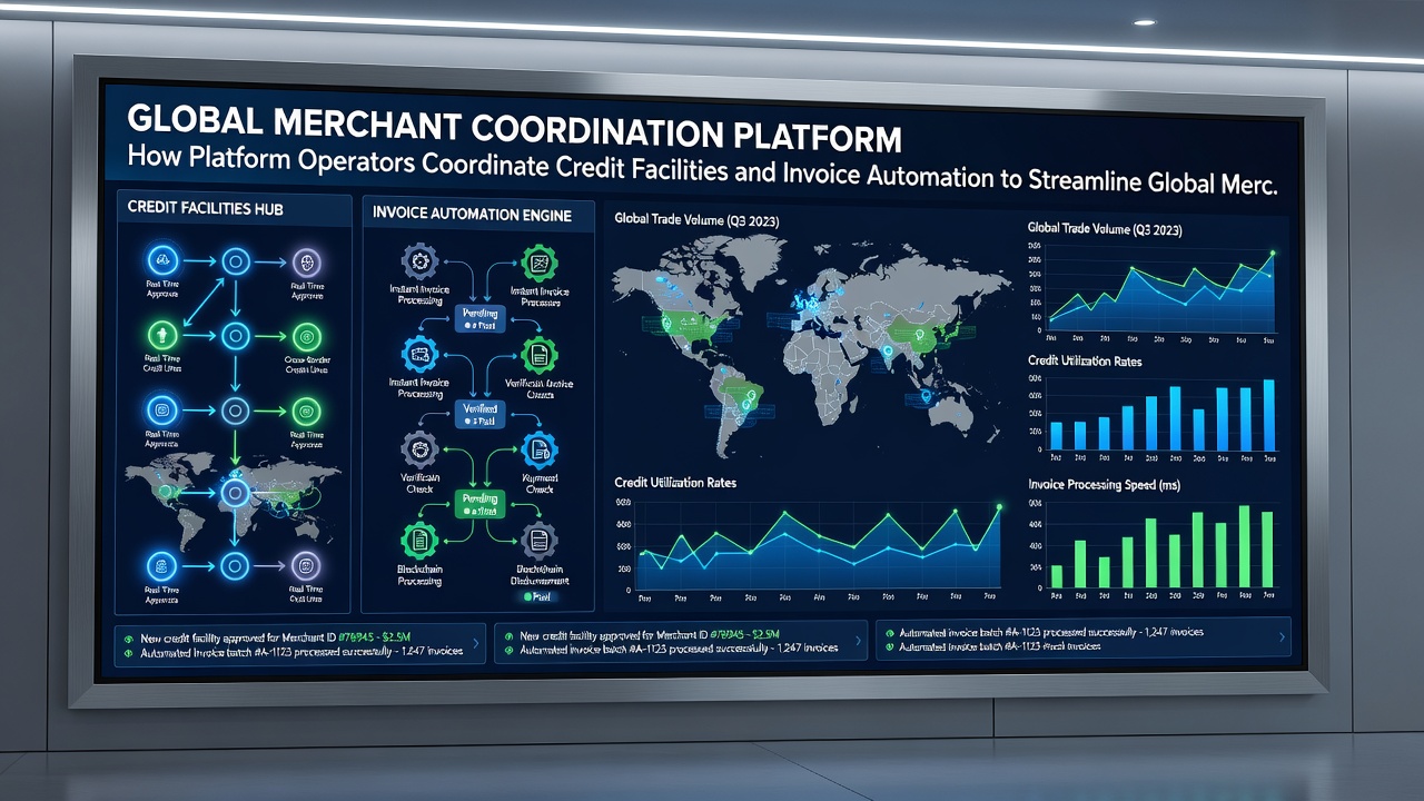 Global merchant dashboard showing coordinated credit lines and automated invoice processing across regions