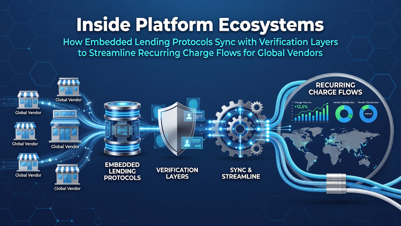 Platform ecosystem diagram showing embedded lending protocols connected to verification layers for recurring charge processing