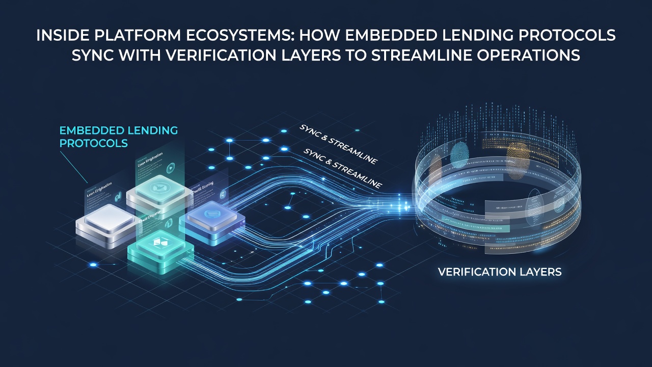 Data flow illustration of verification layers syncing with lending protocols in a global vendor platform