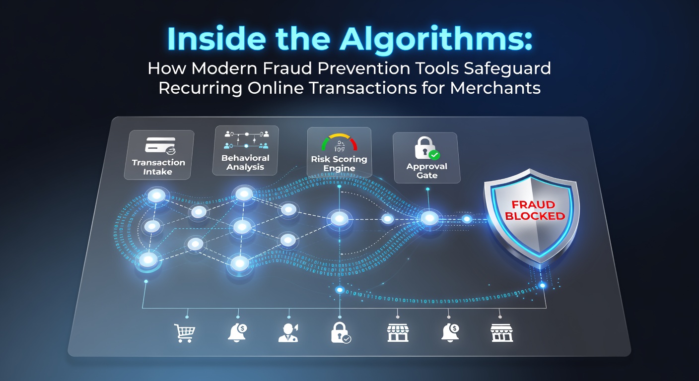 Visual representation of fraud detection algorithms analyzing recurring payment data streams for merchants