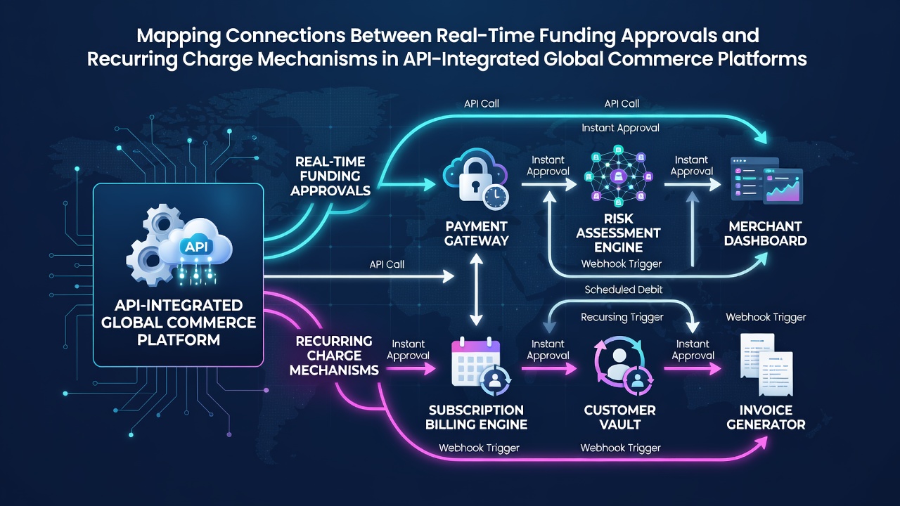 Diagram showing API data flows between real-time credit approvals and recurring billing systems in global commerce platforms
