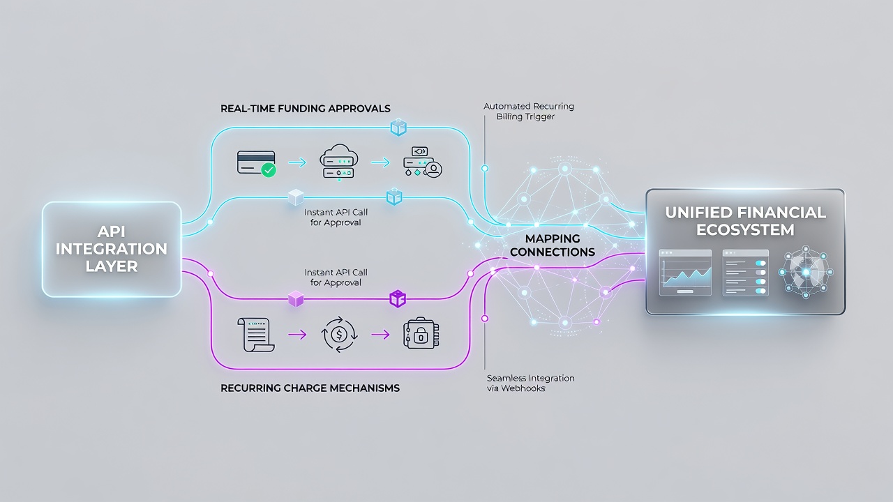 Flowchart illustrating synchronized data exchange between funding approval APIs and recurring billing cycles for international merchants