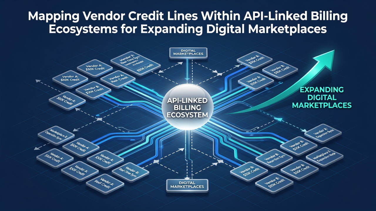 Visualization of API connections linking vendor credit lines to billing systems in digital marketplaces