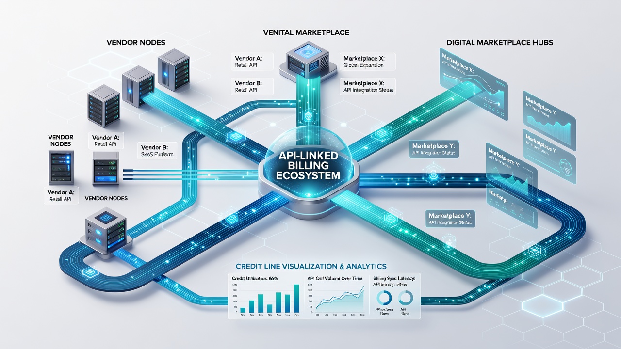 Diagram showing data flows between credit providers, APIs, and marketplace billing modules