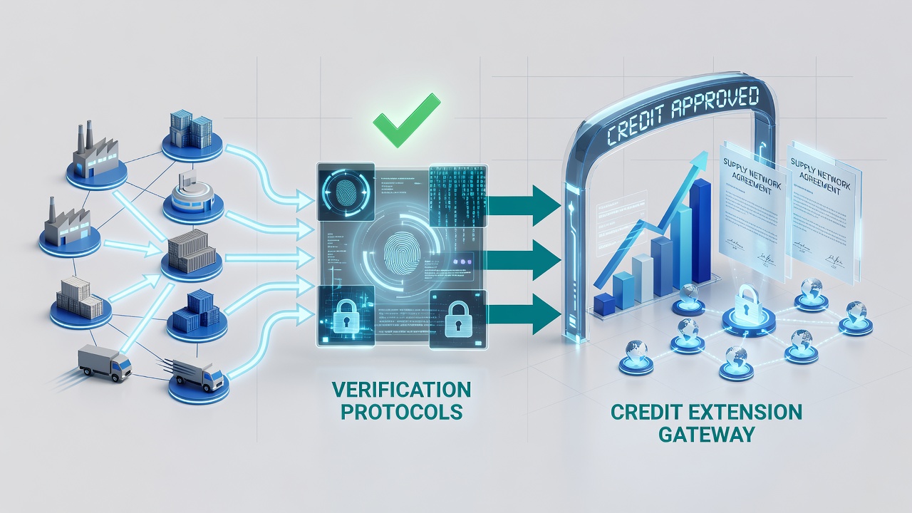 Digital interface displaying layered verification steps for credit approval in a supply chain dashboard