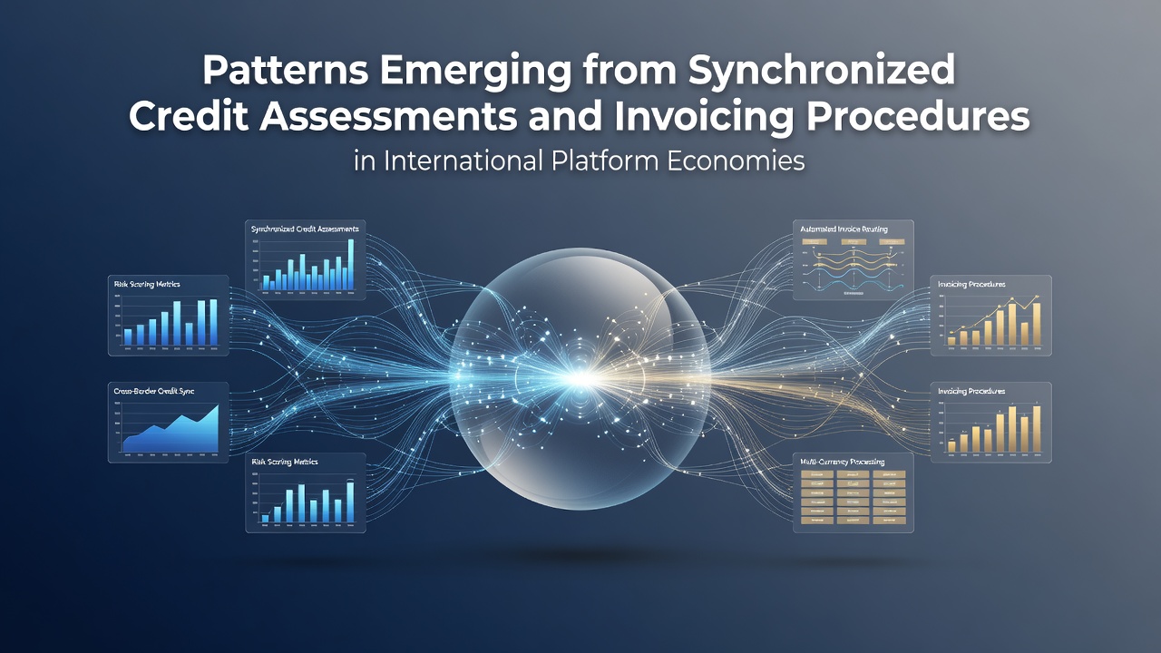 Global platform economy visualization showing interconnected credit assessment and invoicing workflows across borders