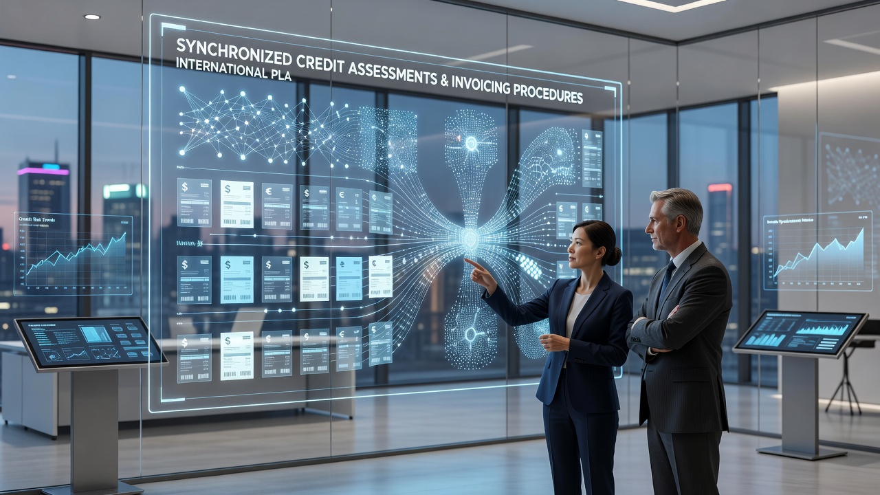 Data flow diagram illustrating synchronized credit checks feeding into automated international invoicing cycles