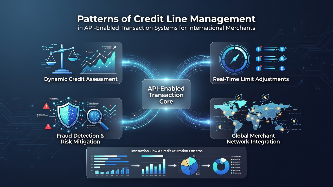 Diagram showing API connections between international merchants, credit lines, and transaction processing systems across borders