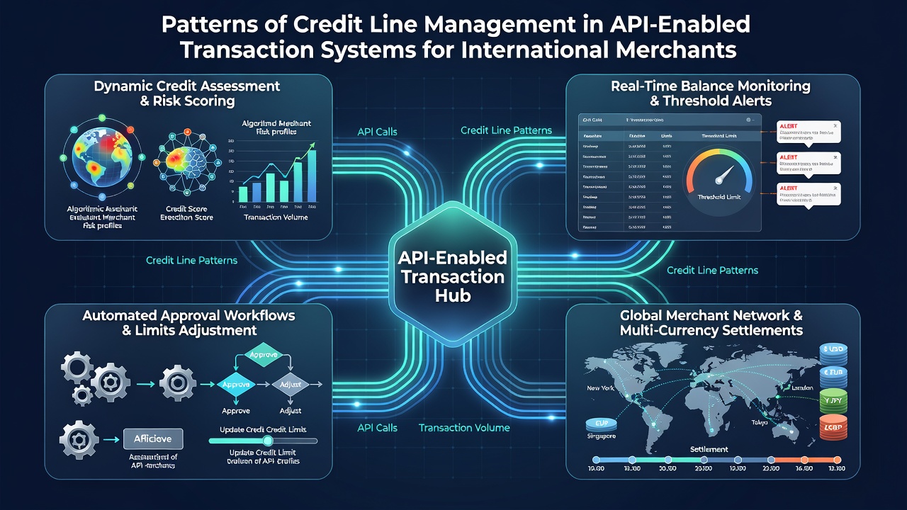 Flowchart illustrating real-time credit line monitoring and adjustment across multiple international transaction platforms