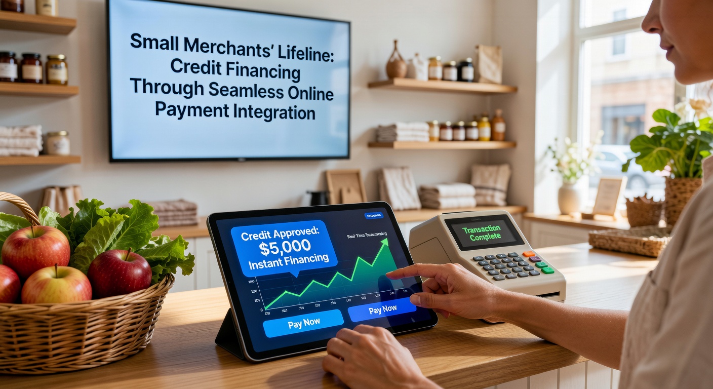 Graph showing revenue growth for small merchants using integrated credit financing, with upward trends and payment icons