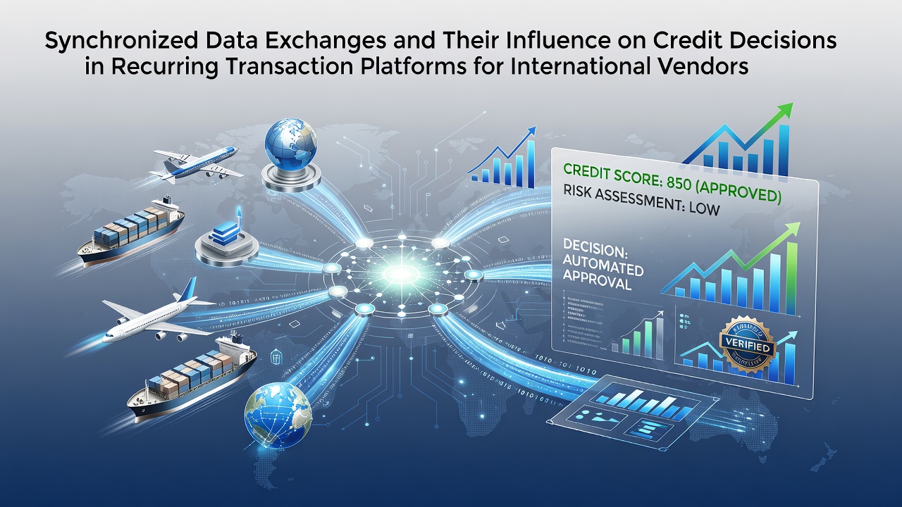 Illustration of synchronized data flows between international vendors and credit platforms in recurring transaction systems