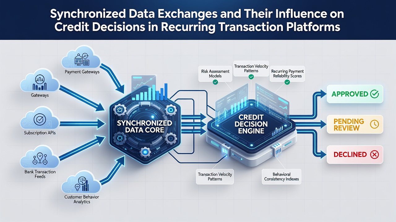 Diagram showing data synchronization pathways influencing credit approvals for global recurring transaction vendors