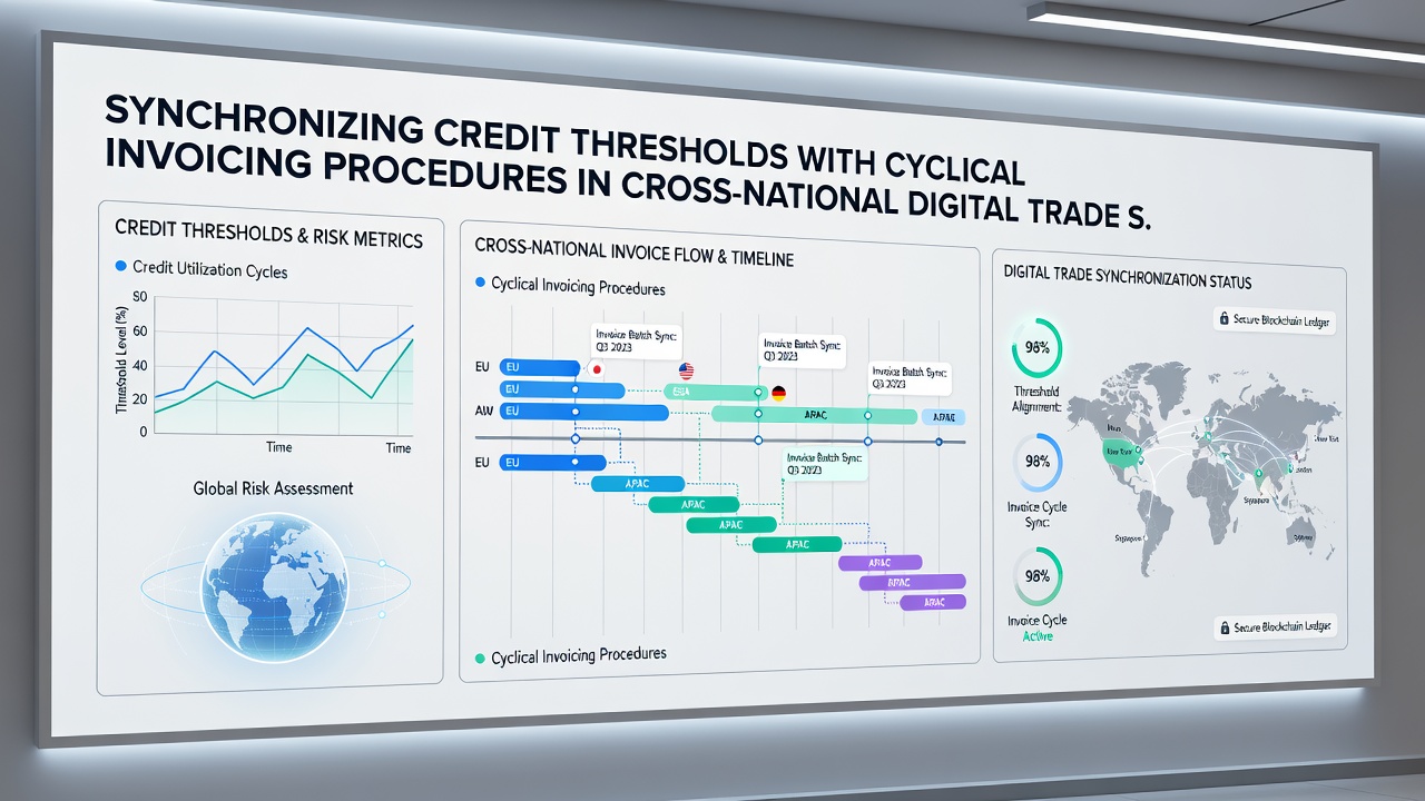 Flow diagram illustrating API connections between credit monitoring modules adn cyclical invoicing engines across international borders