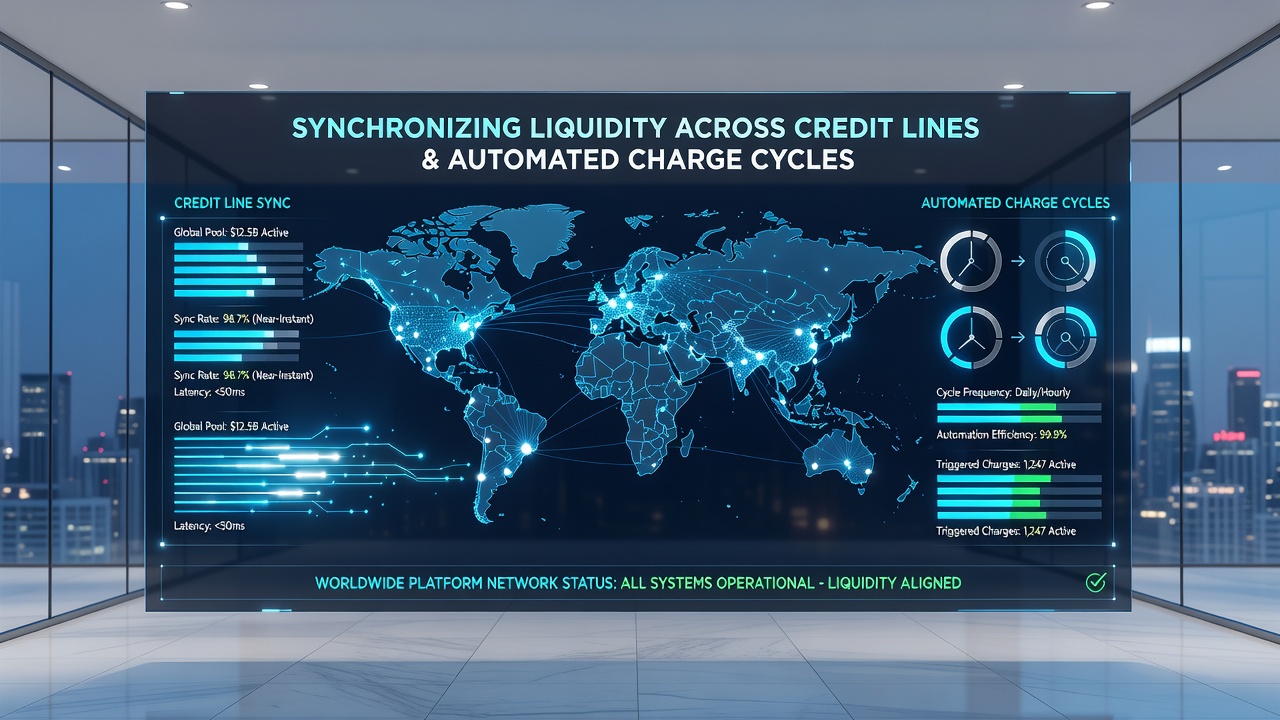 Global map illustrating automated charge cycles linked to credit lines across continents with data flow arrows