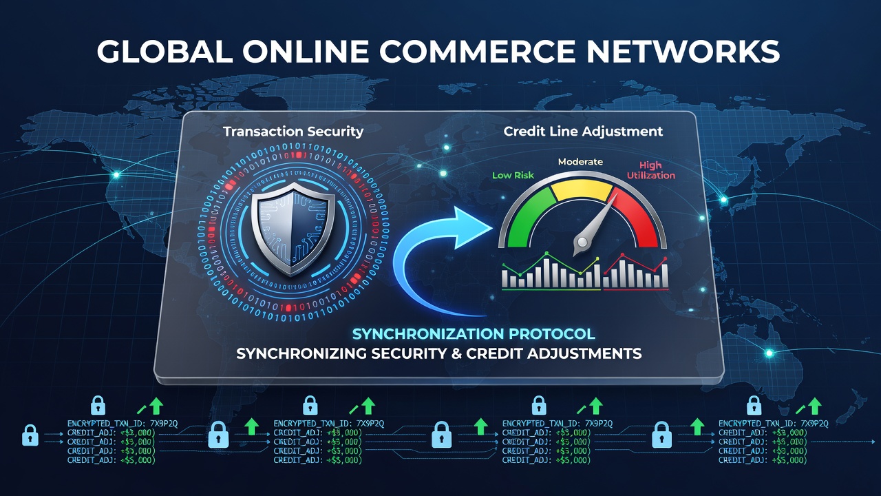 Global online commerce network diagram showing transaction security protocols linked to real-time credit line adjustments across international platforms