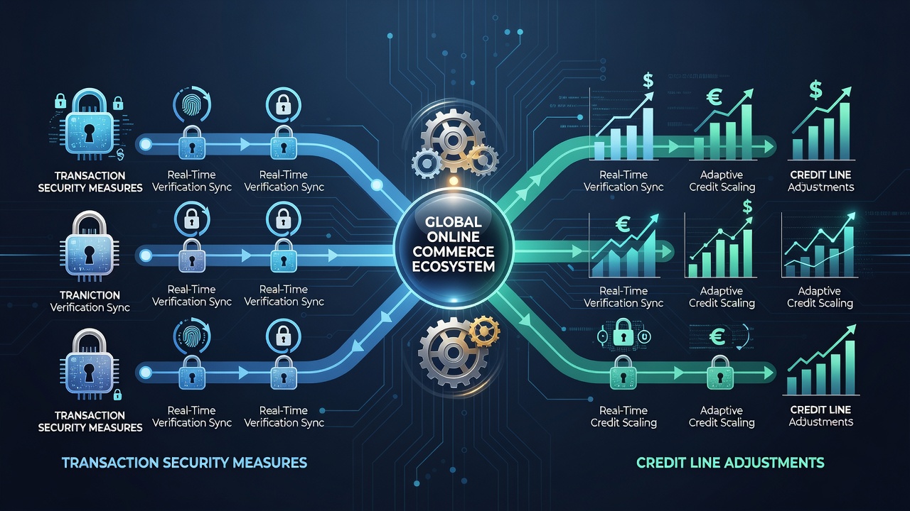 API data flow illustration depicting security verification triggering credit limit modifications in real-time commerce environments
