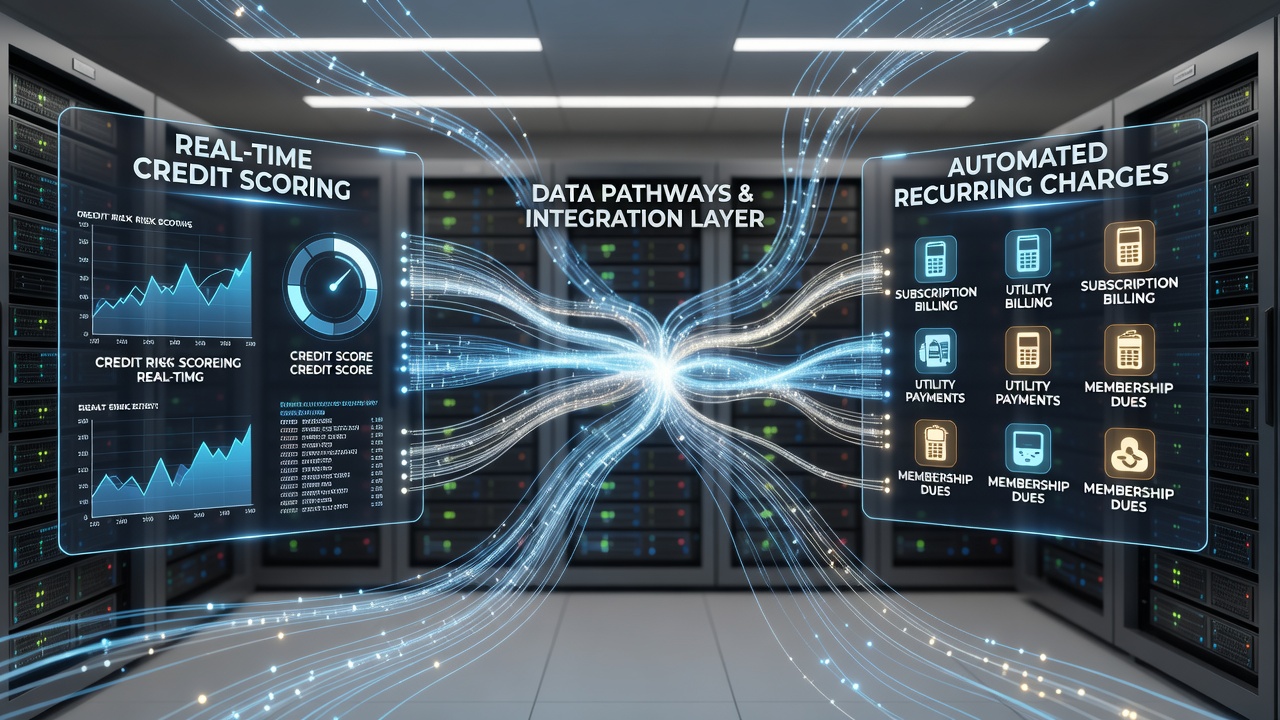 Diagram illustrating API connections between credit bureaus, payment gateways, and merchant billing systems in a global network