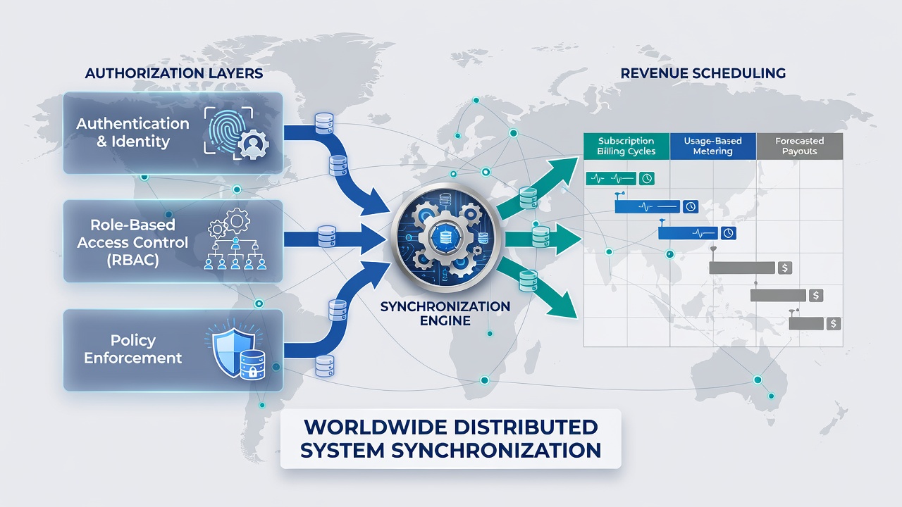 Flowchart showing data pathways connecting authorization processes to revenue scheduling in international platforms